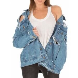 Tyler Lambert x Wrangler Jacket Large Oversized Blue Distressed Denim Trucker